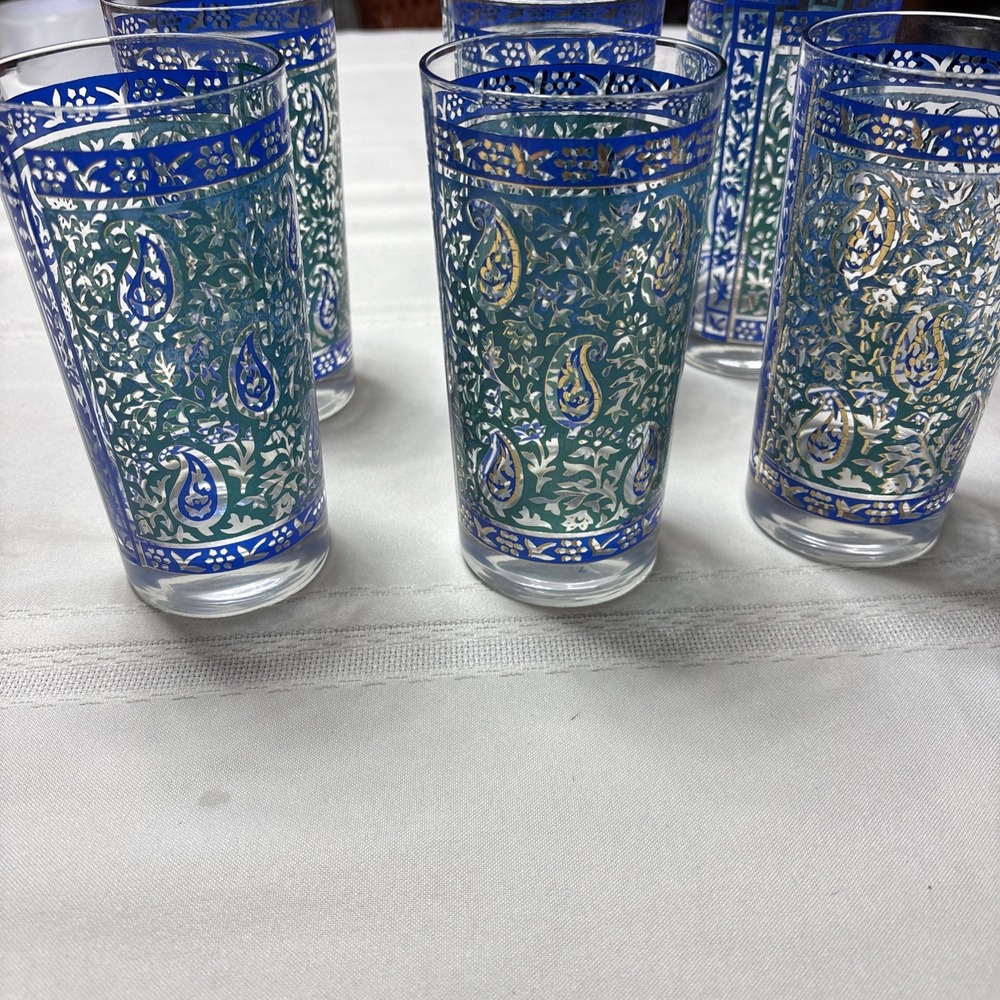 Georges Briard Sari Blue Gold  Paisley Highball Glasses Set 6 Mid Century Modern